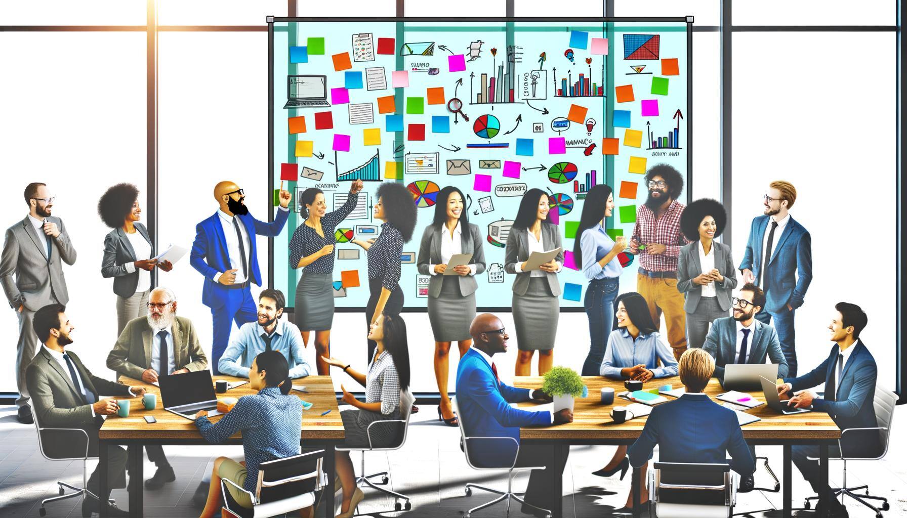 Many people gathered around in front of a large board of sticky notes and drawings