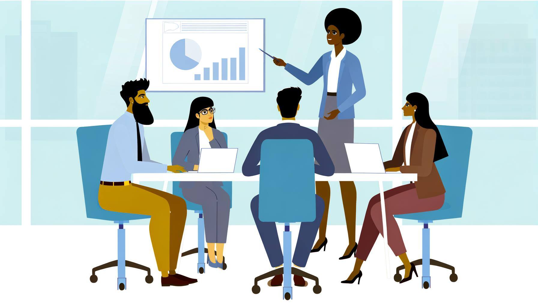 Graphic of many diverse people sitting around an office table with a graph